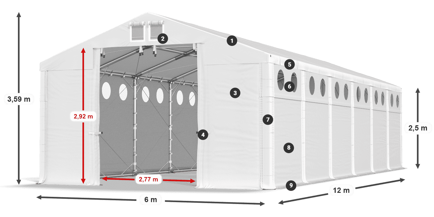 Tető: MS 580 PVC Falak: FR O 620 PVC 2,5 m jelmagyarázat