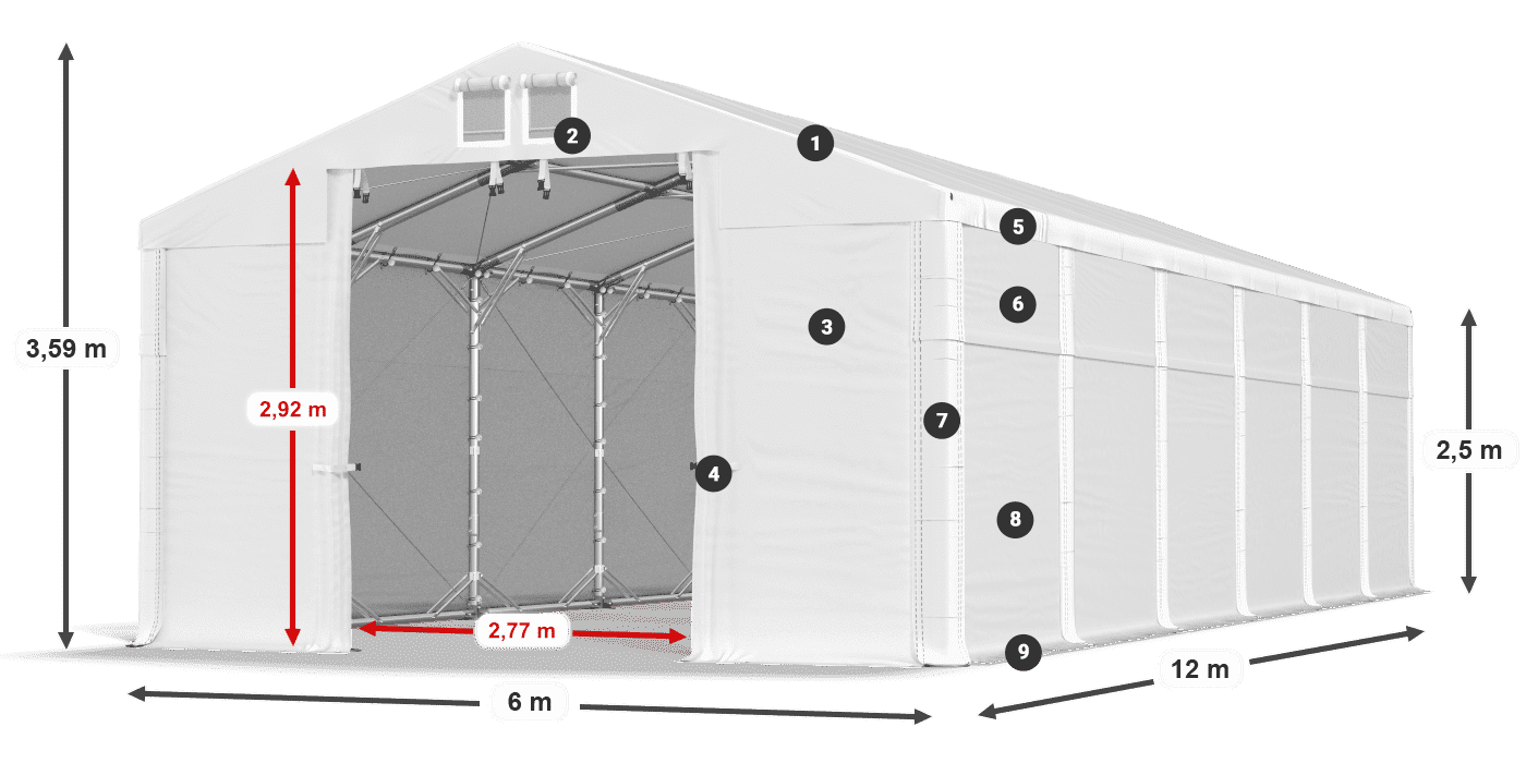 Tető: MS 580 PVC Falak: FR 620 PVC 2,5 m jelmagyarázat