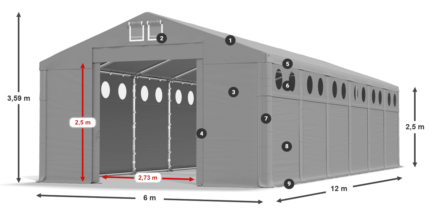 Tető: MS 580 PVC Falak: FR O 620 PVC 2,5 m jelmagyarázat