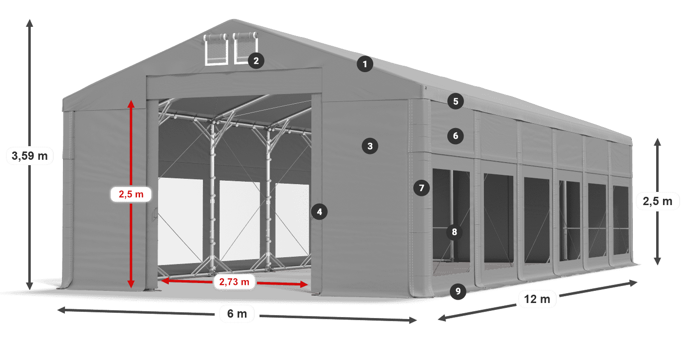 Tető: MS 580 PVC Falak: MS 580 PVC 2,5 m jelmagyarázat