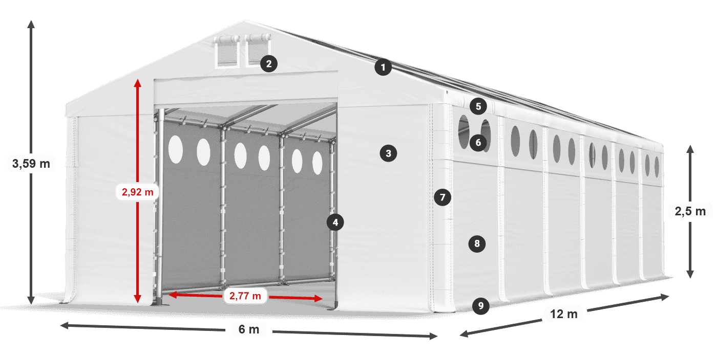 Tető: MS T 580 PVC Falak: MS O 580 PVC 2,5 m jelmagyarázat