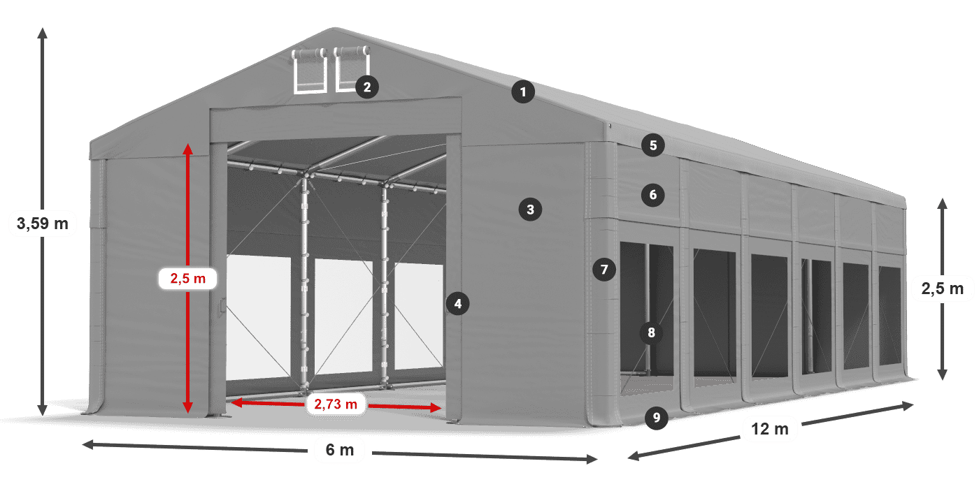 Tető: MS 580 PVC Falak: MS 580 PVC 2,5 m jelmagyarázat