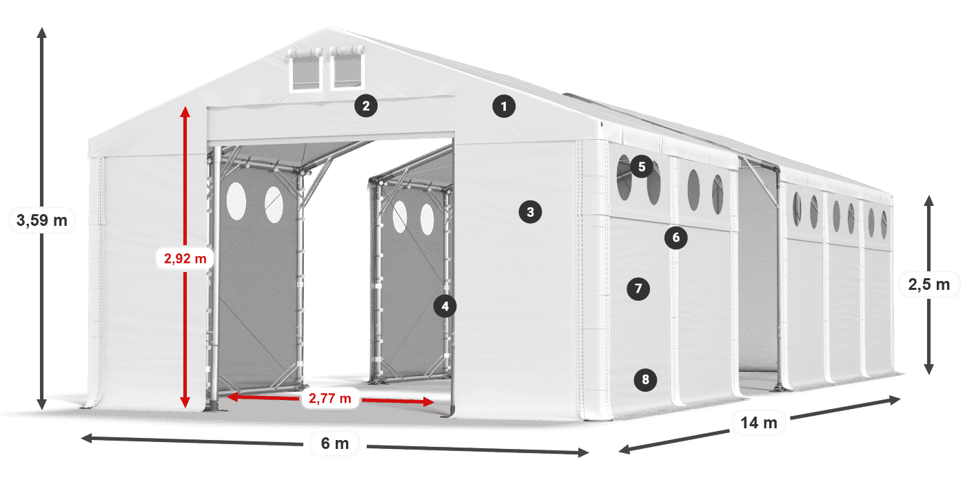 Tető: FR 620 PVC Falak: MS O 580 PVC 2,5 m jelmagyarázat