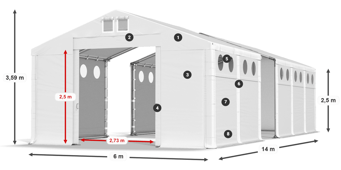 Tető: MS 580 PVC Falak: FR O 620 PVC 2,5 m jelmagyarázat