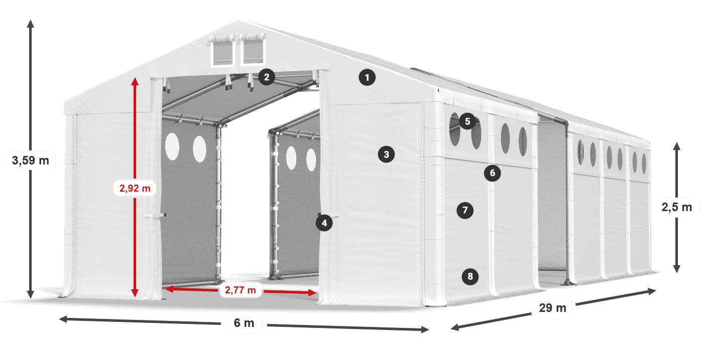Tető: FR 620 PVC Falak: MS O 580 PVC 2,5 m jelmagyarázat