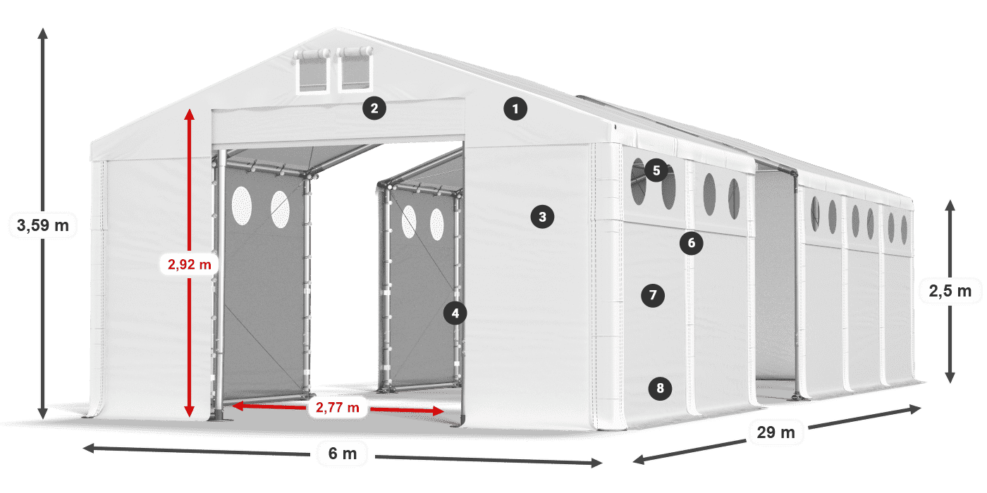 Tető: FR 620 PVC Falak: MS O 580 PVC 2,5 m jelmagyarázat