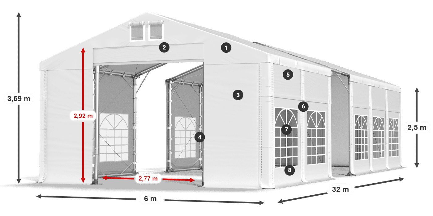 Tető: MS 580 PVC Falak: FR 620 PVC 2,5 m jelmagyarázat