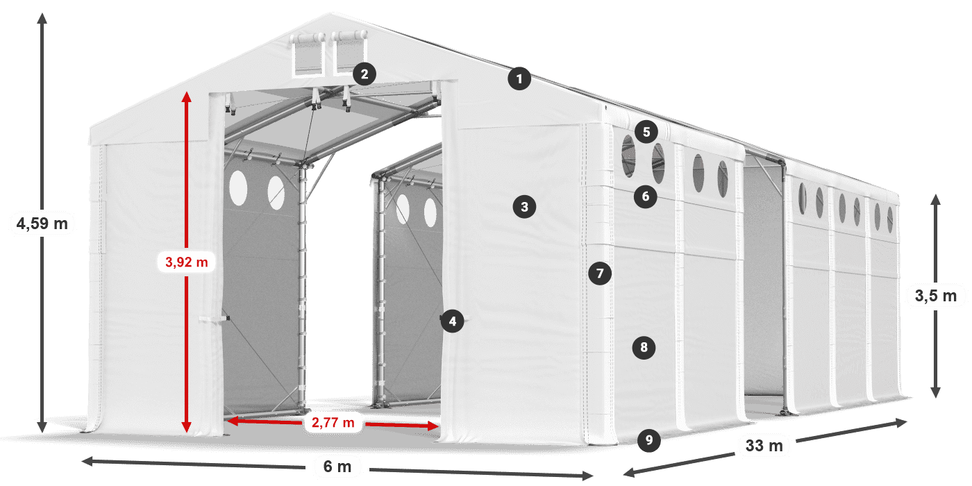 Tető: MS T 580 PVC Falak: FR O 620 PVC 3,5 m jelmagyarázat