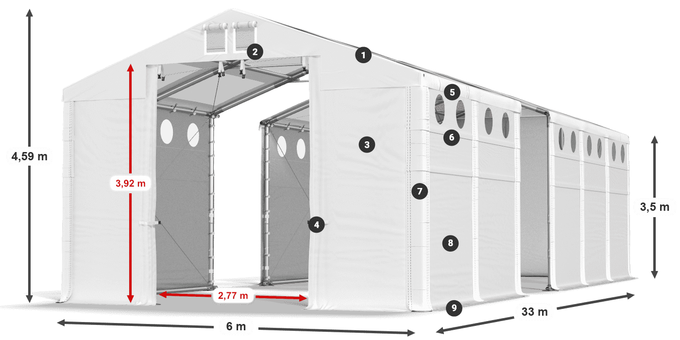 Tető: MS T 580 PVC Falak: FR O 620 PVC 3,5 m jelmagyarázat