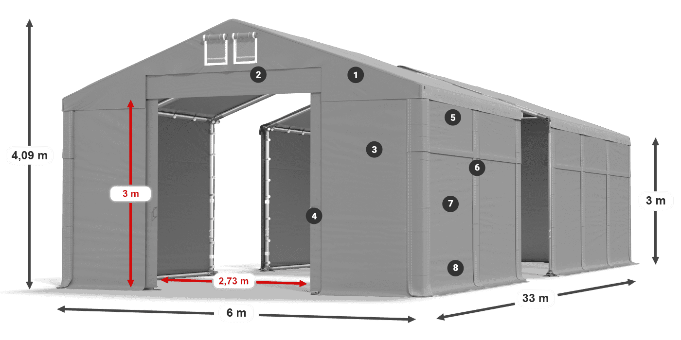 Tető: MS 580 PVC Falak: FR 620 PVC  3 m jelmagyarázat