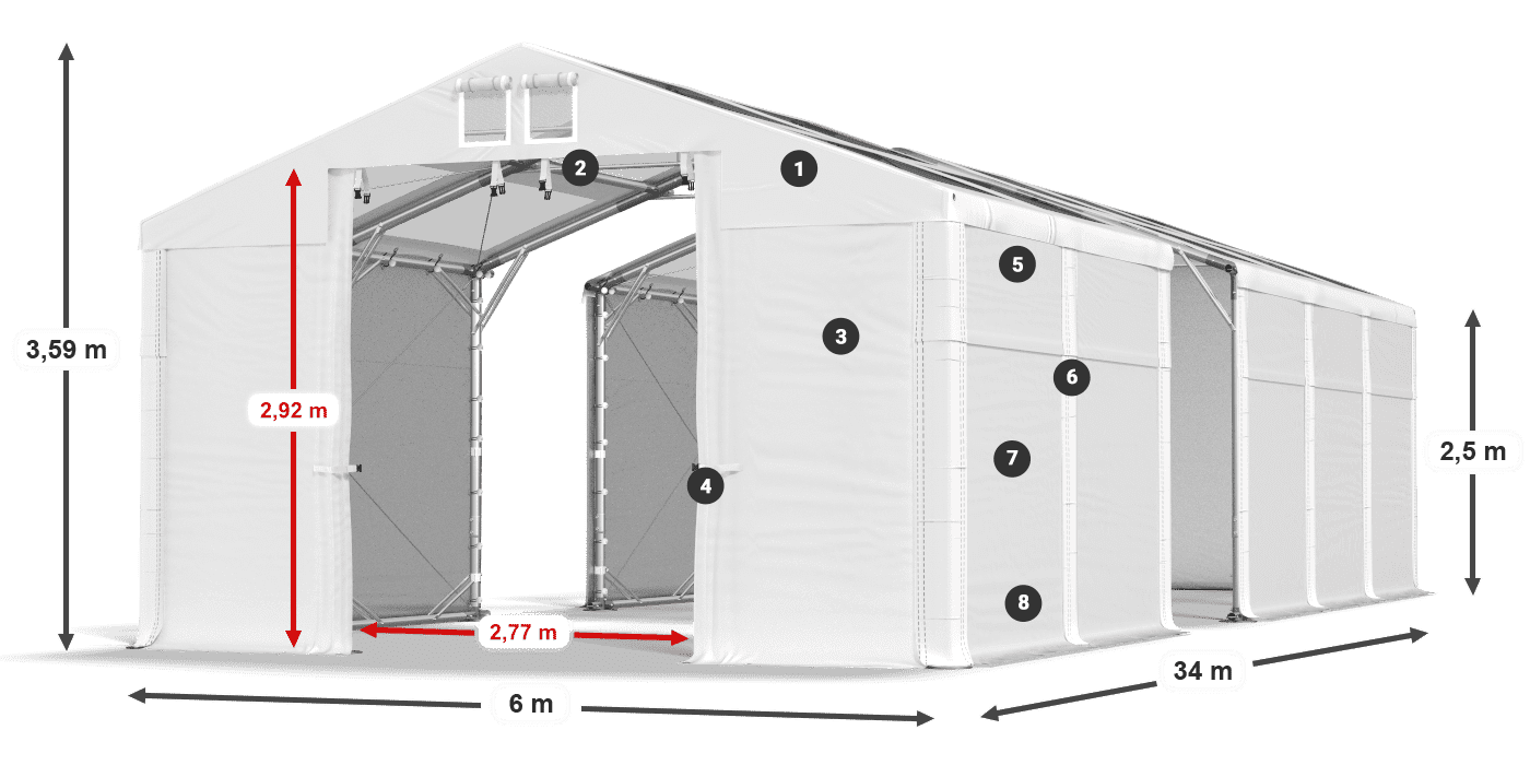 Tető: MS T 580 PVC Falak: FR 620 PVC 2,5 m jelmagyarázat