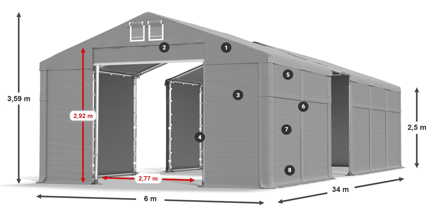 Tető: MS 580 PVC Falak: SD 500 PVC 2,5 m jelmagyarázat