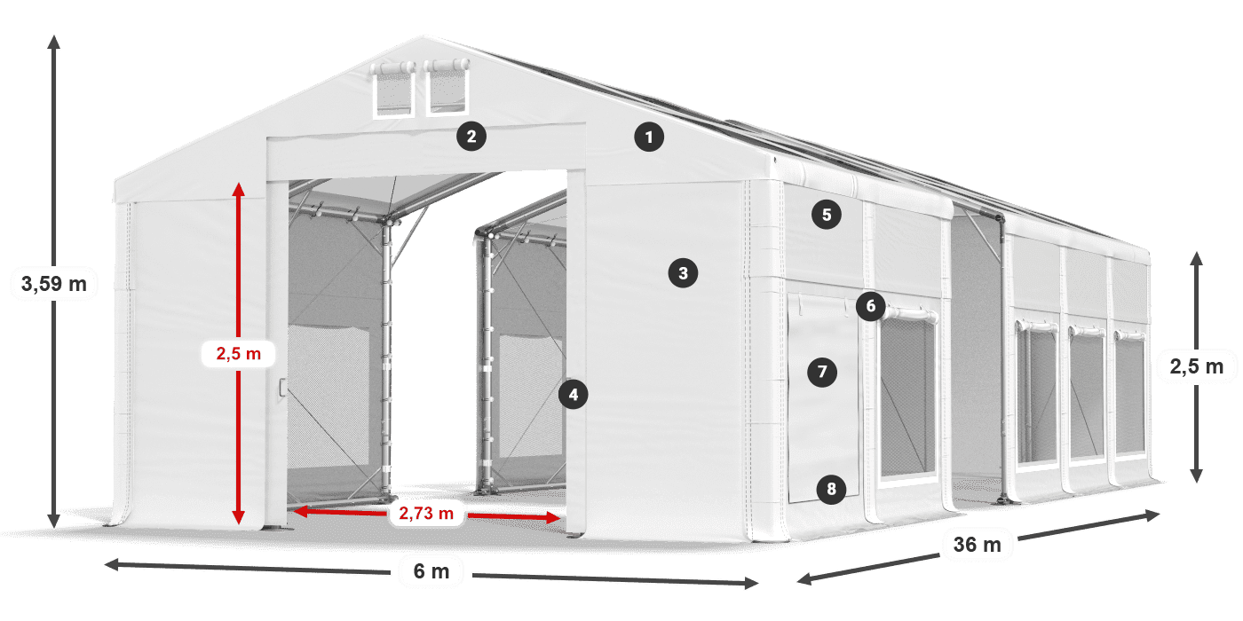 Tető: MS T 580 PVC Falak: SD M 500 PVC 2,5 m jelmagyarázat