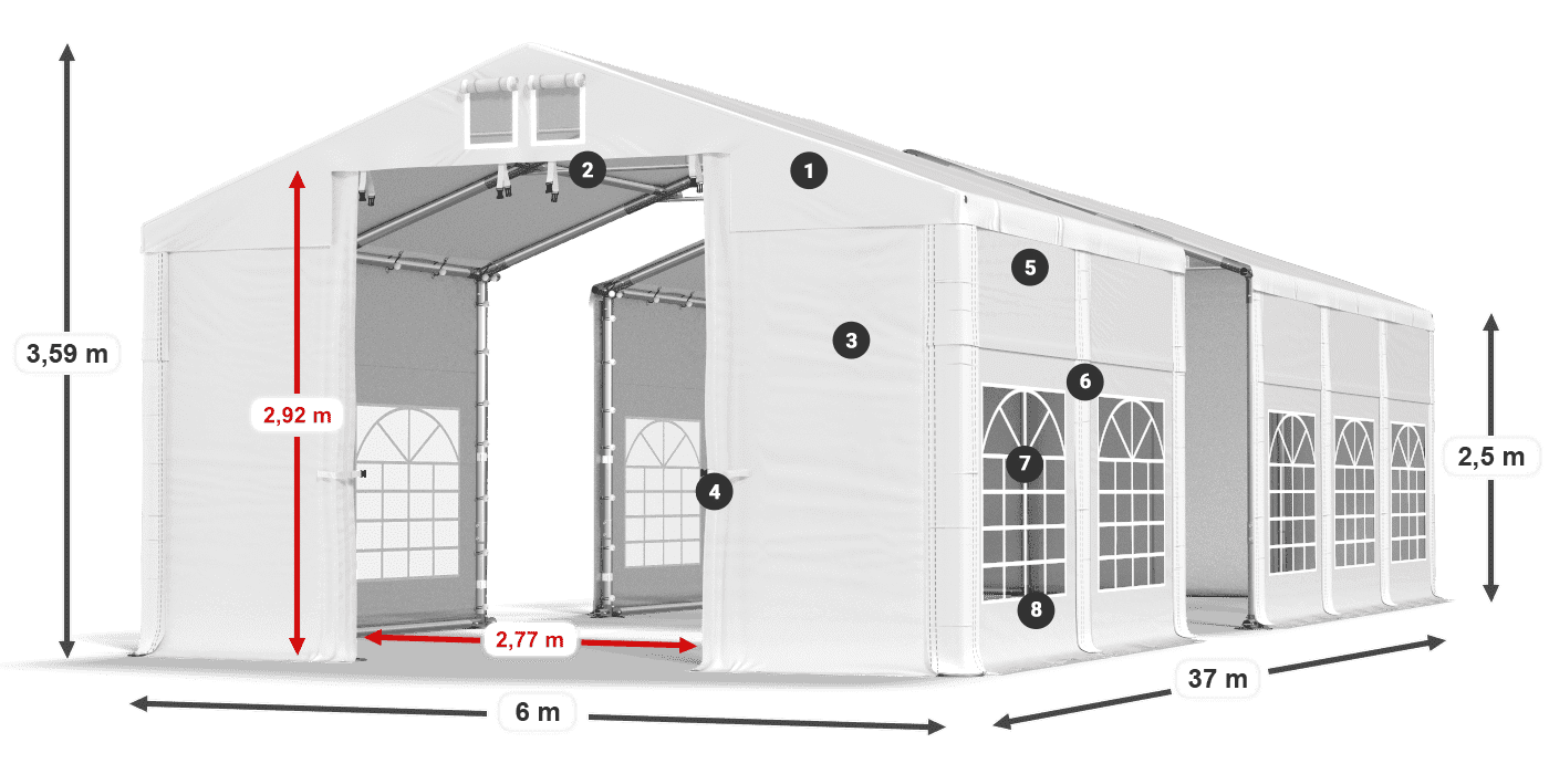 Tető: MS 580 PVC Falak: FR 620 PVC 2,5 m jelmagyarázat