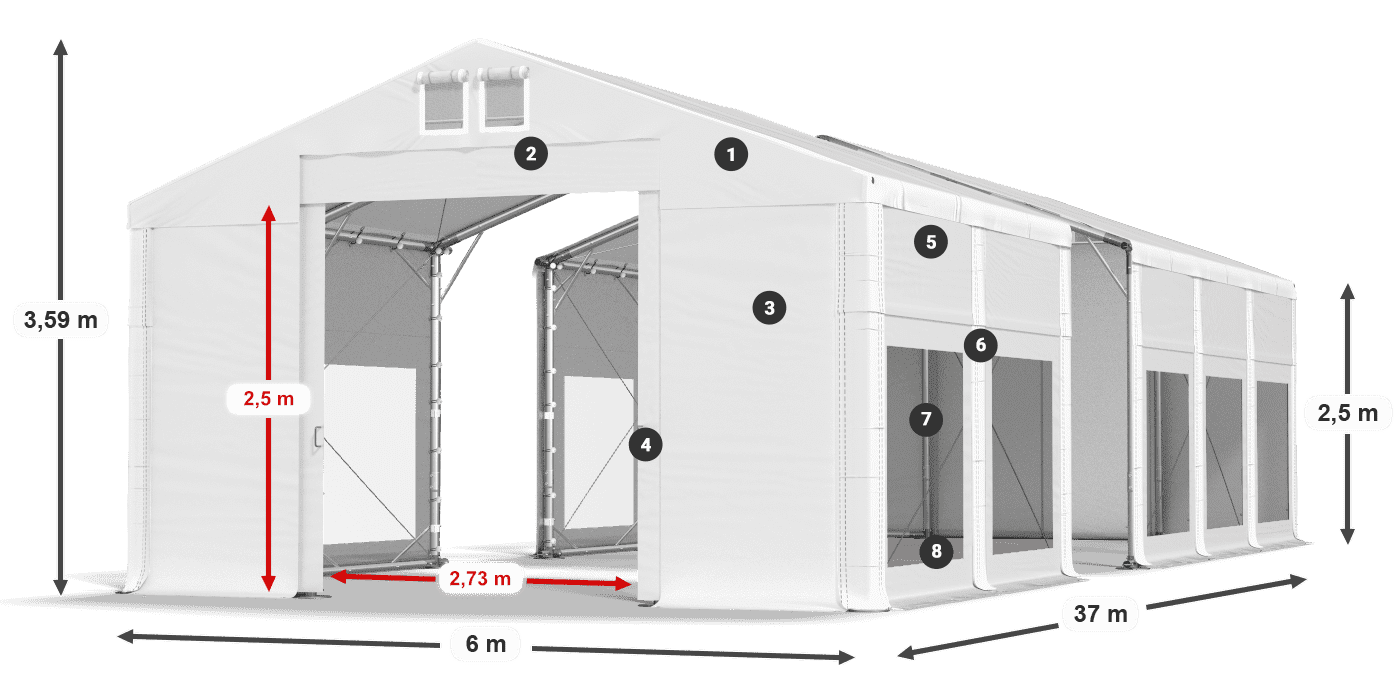 Tető: MS 580 PVC Falak: MS 580 PVC 2,5 m jelmagyarázat