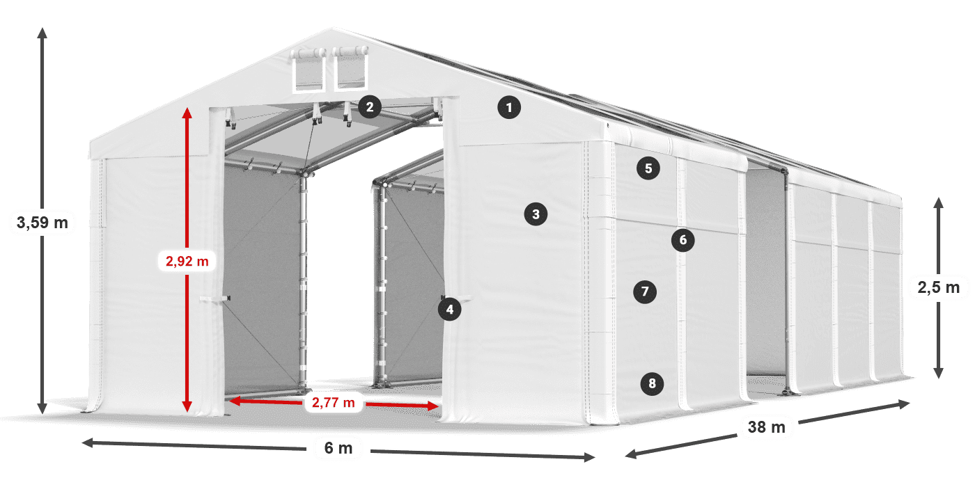 Tető: MS T 580 PVC Falak: FR 620 PVC 2,5 m jelmagyarázat