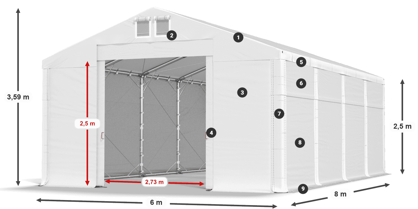 Tető: FR 620 PVC Falak: MS 580 PVC 2,5 m jelmagyarázat