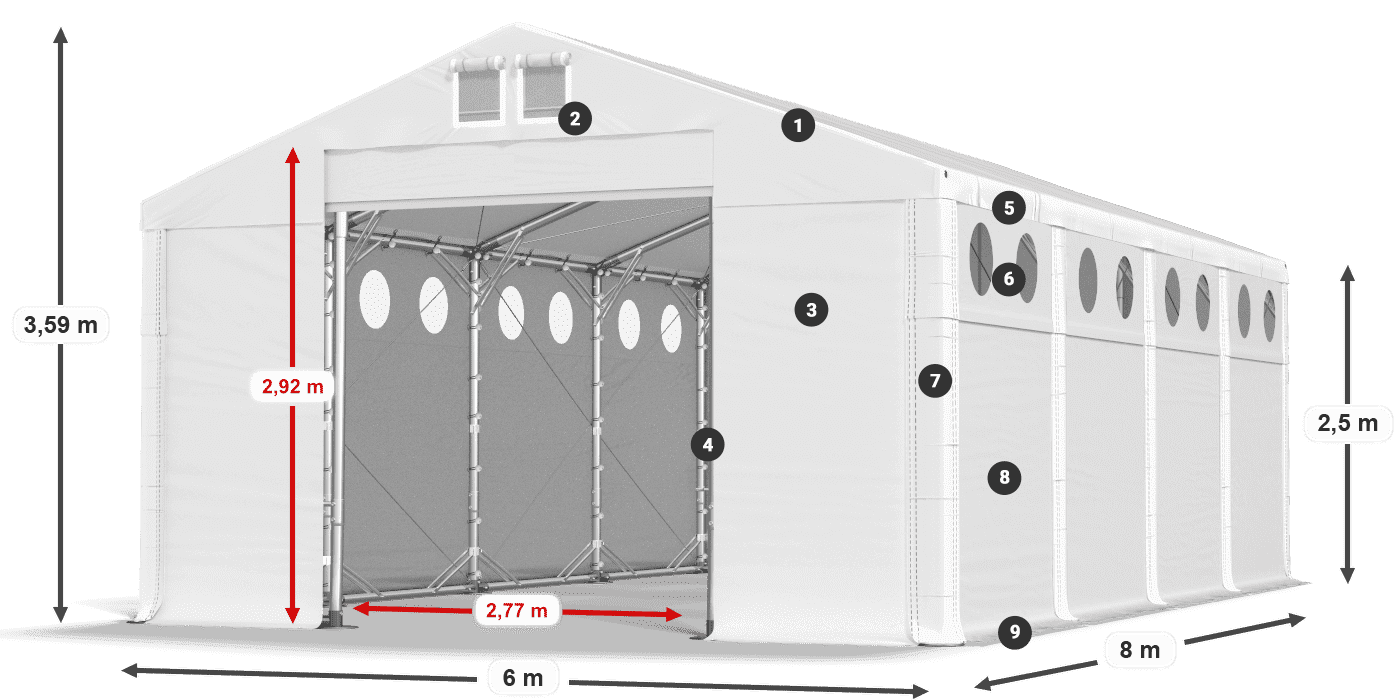 Tető: FR 620 PVC Falak: MS O 580 PVC 2,5 m jelmagyarázat