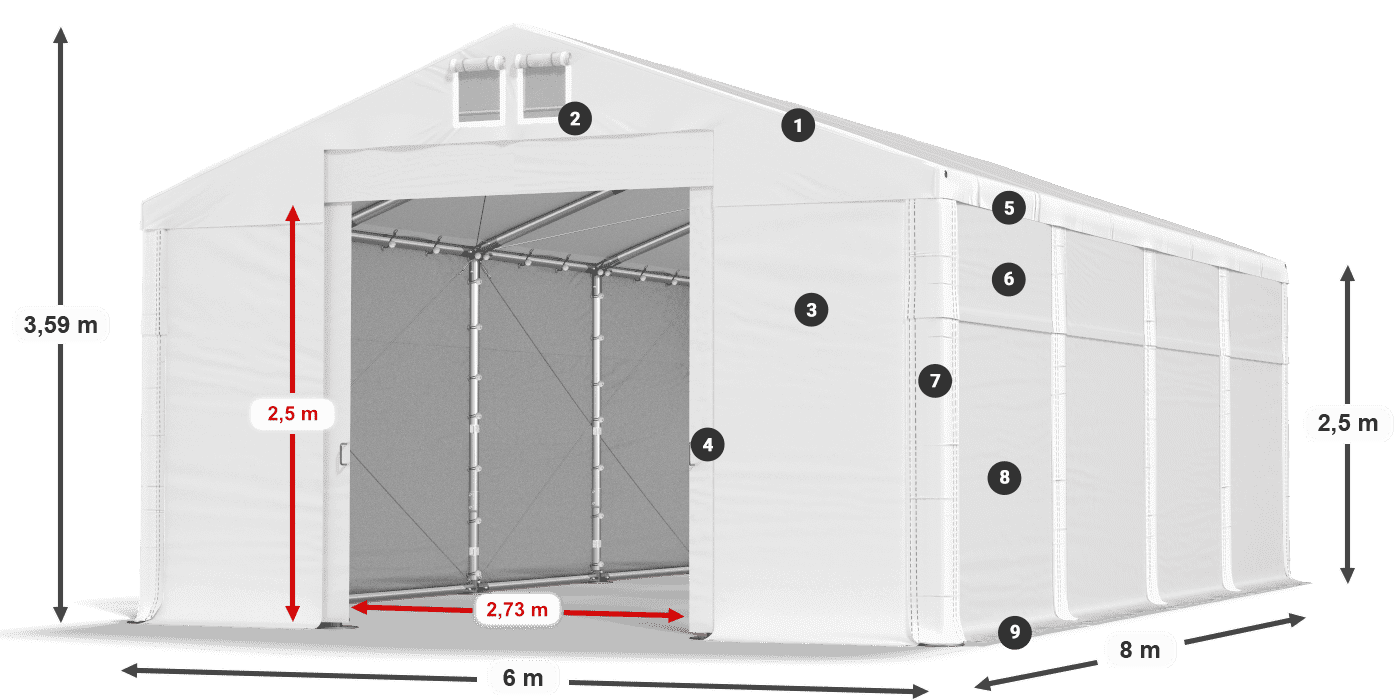 Tető: FR 620 PVC Falak: MS 580 PVC 2,5 m jelmagyarázat