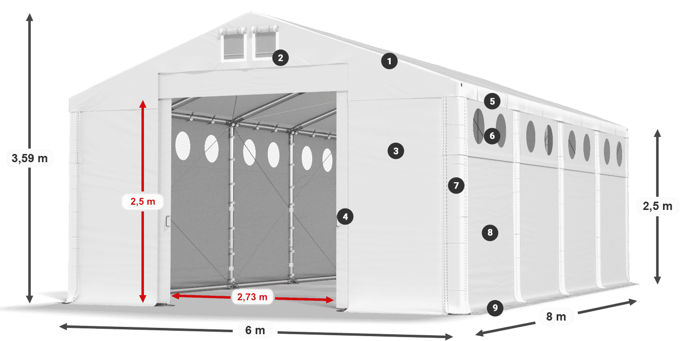 Tető: FR 620 PVC Falak: MS O 580 PVC 2,5 m jelmagyarázat