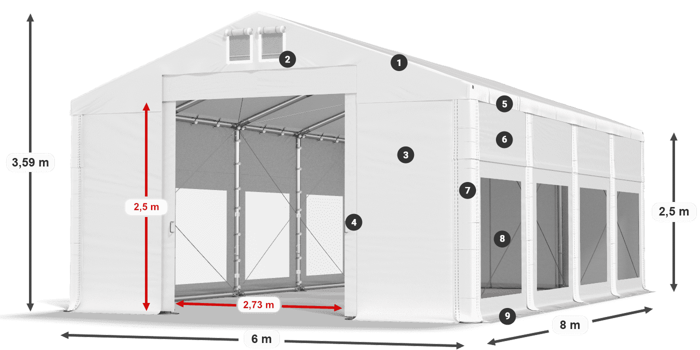 Tető: FR 620 PVC Falak: MS 580 PVC 2,5 m jelmagyarázat