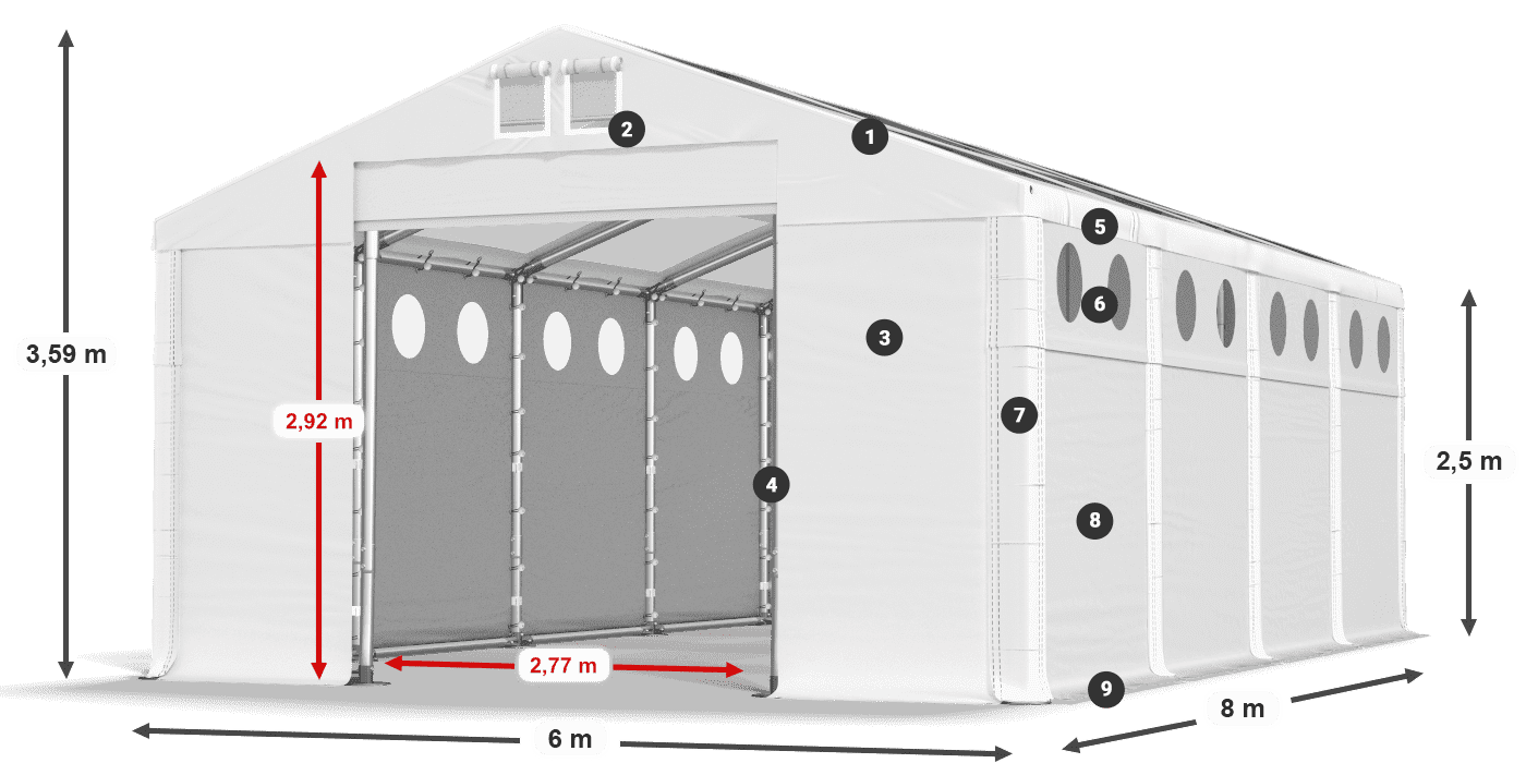 Tető: MS T 580 PVC Falak: FR O 620 PVC 2,5 m jelmagyarázat