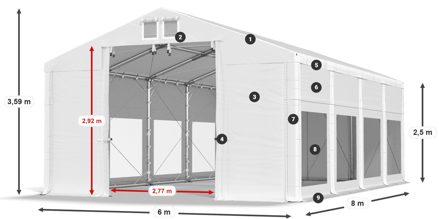 Tető: MS 580 PVC Falak: MS 580 PVC 2,5 m jelmagyarázat