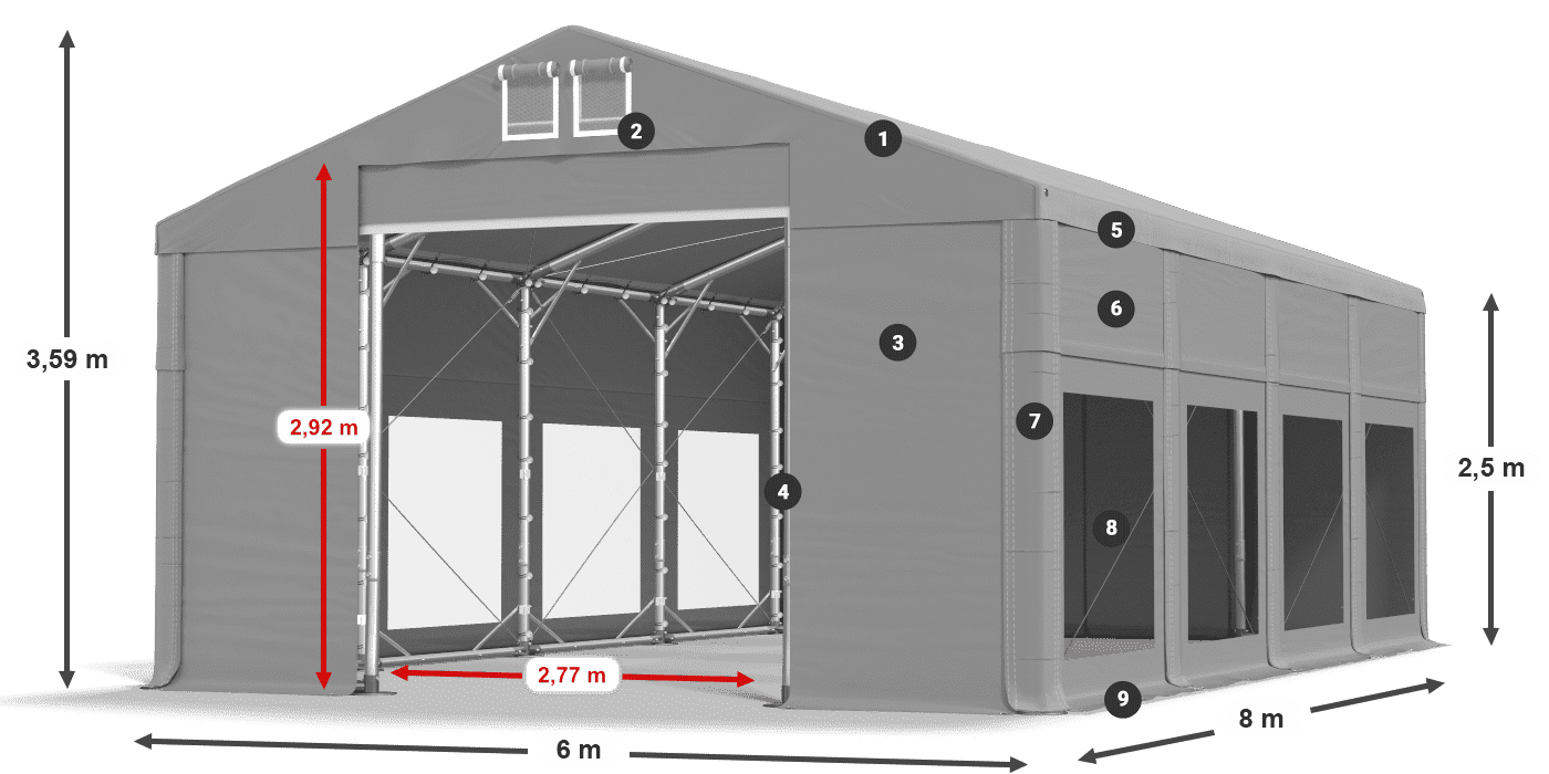 Tető: MS 580 PVC Falak: MS 580 PVC 2,5 m jelmagyarázat