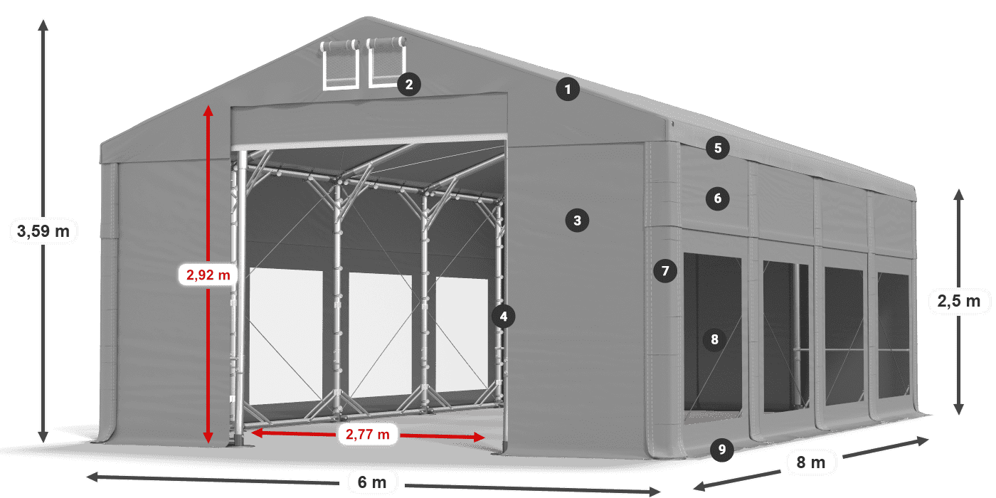 Tető: MS 580 PVC Falak: MS 580 PVC 2,5 m jelmagyarázat