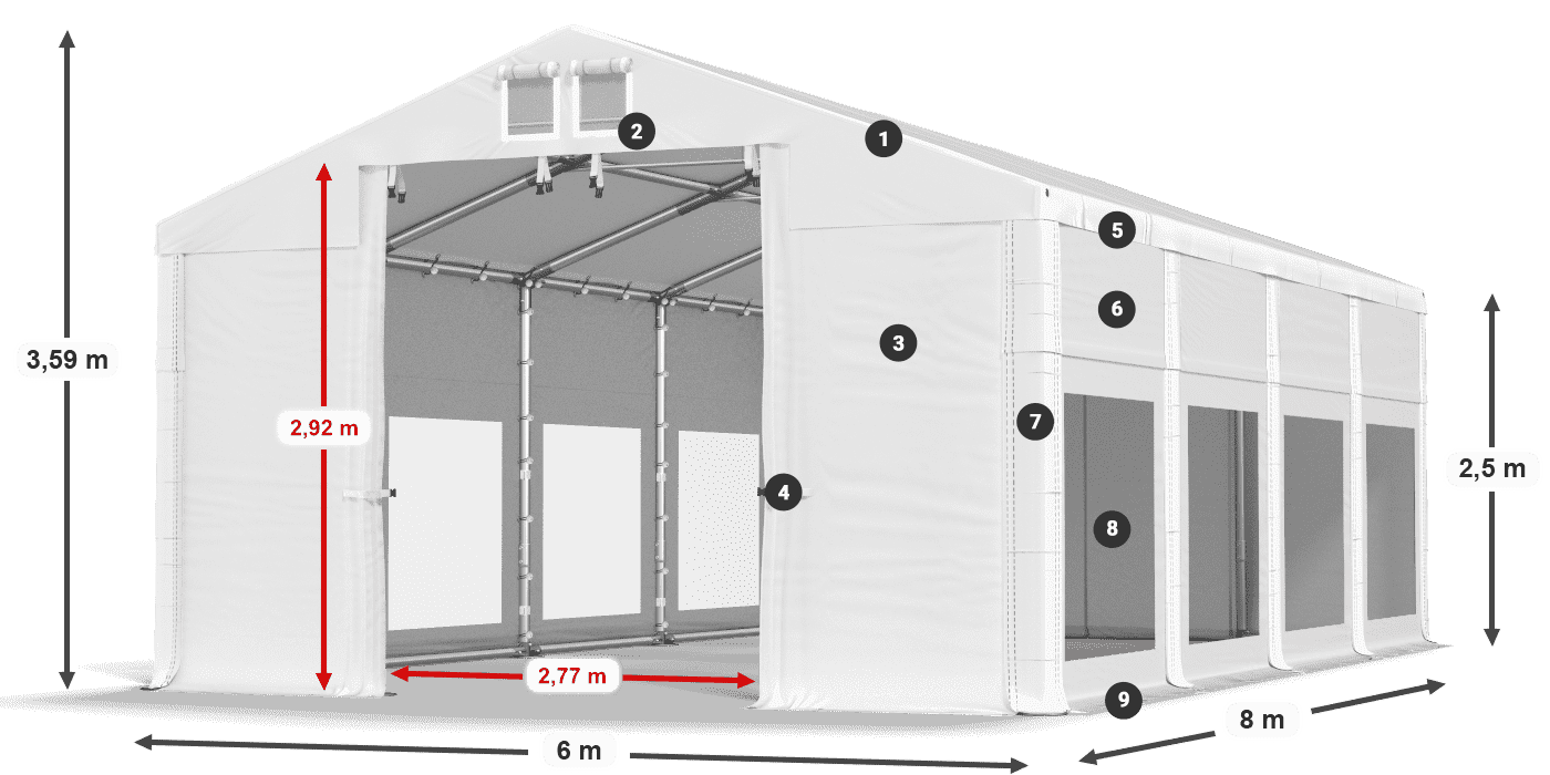 Tető: MS 580 PVC Falak: MS 580 PVC 2,5 m jelmagyarázat