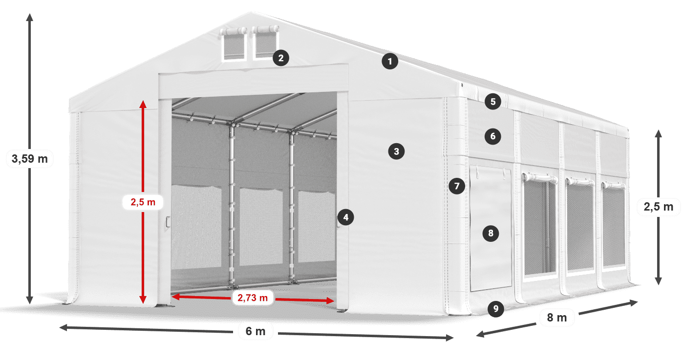 Tető: MS 580 PVC Falak: SD M 500 PVC 2,5 m jelmagyarázat