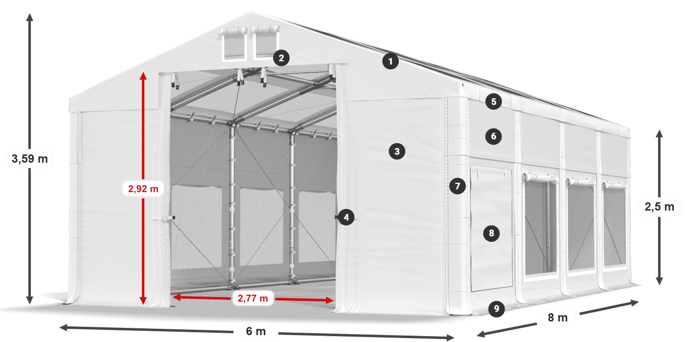 Tető: MS T 580 PVC Falak: SD M 500 PVC 2,5 m jelmagyarázat