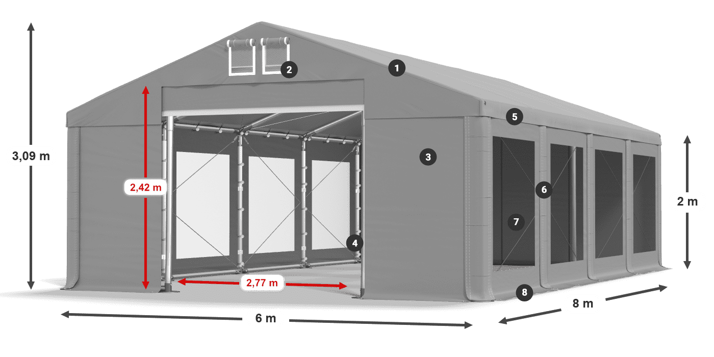 Tető: FR 620 PVC Falak: MS 580 PVC 2 m jelmagyarázat