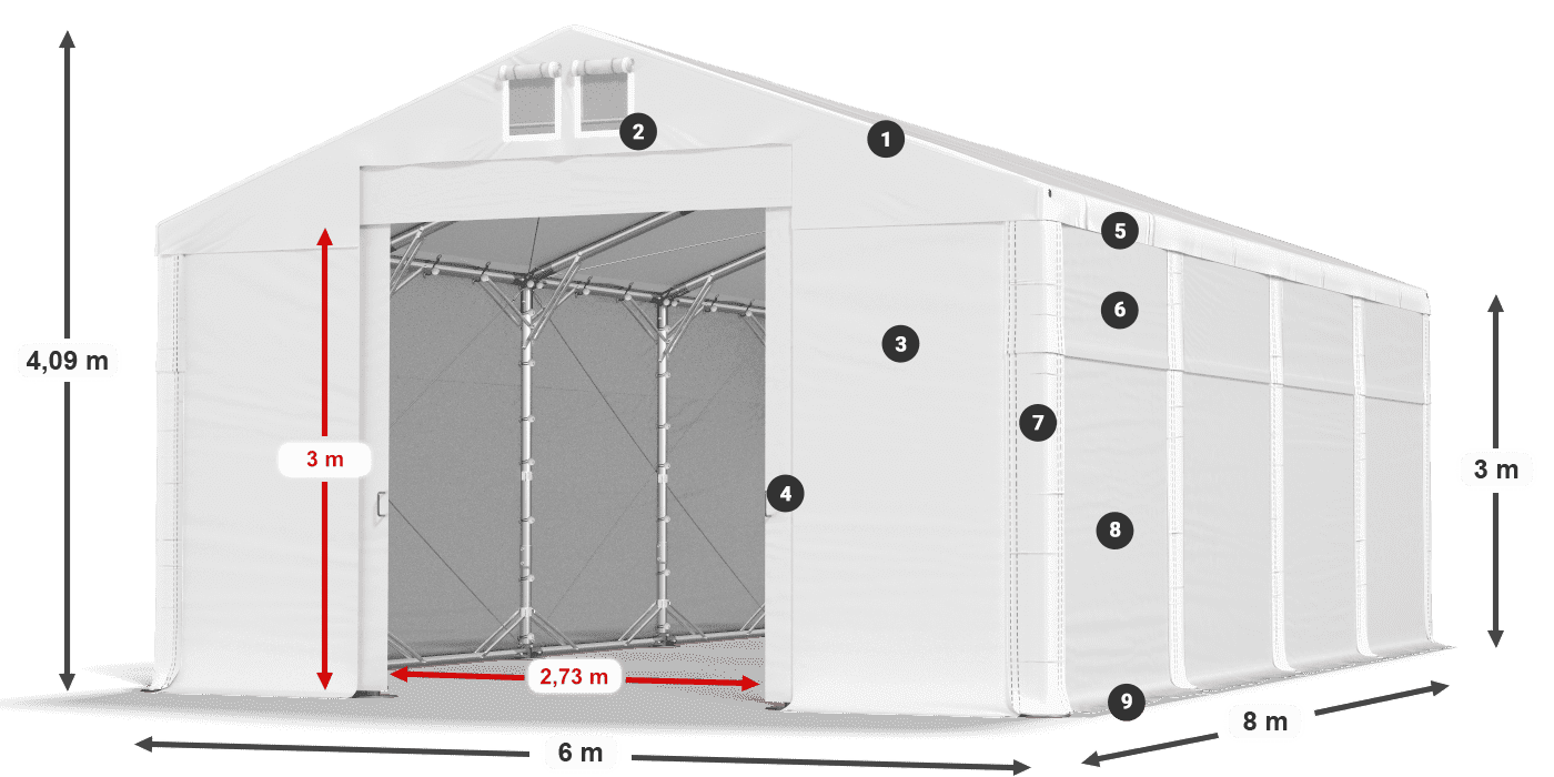 Tető: FR 620 PVC Falak: MS 580 PVC 3 m jelmagyarázat