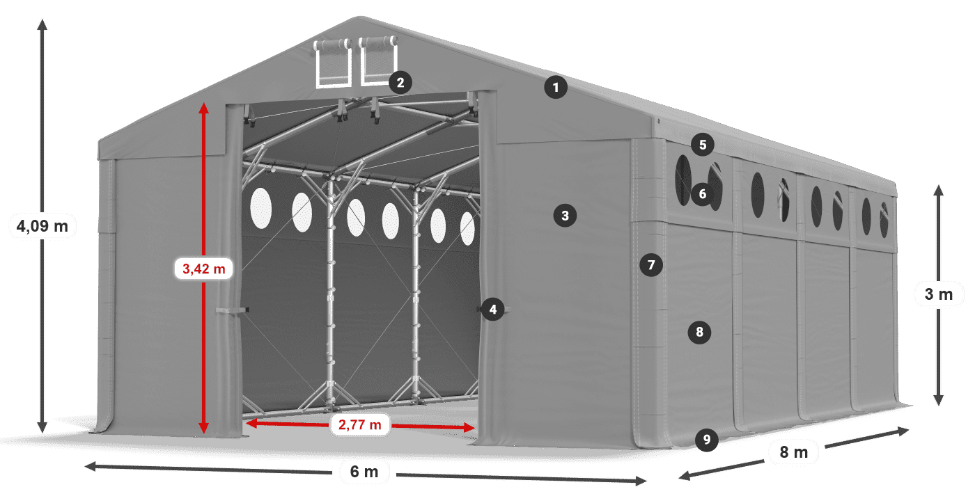 Tető: FR 620 PVC Falak: MS O 580 PVC 3 m jelmagyarázat