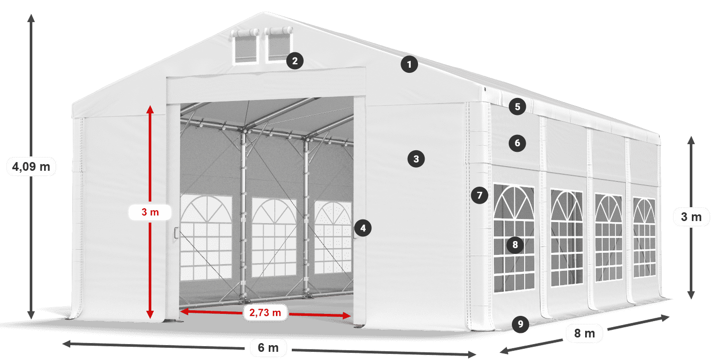 Tető: MS 580 PVC Falak: FR 620 PVC 3 m jelmagyarázat