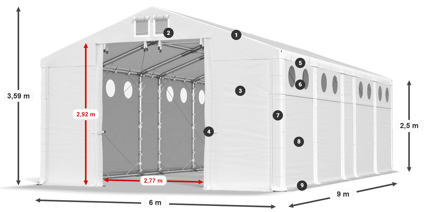 Tető: MS 580 PVC Falak: FR O 620 PVC 2,5 m jelmagyarázat