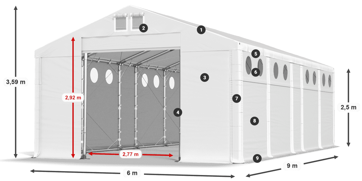 Tető: MS 580 PVC Falak: FR O 620 PVC 2,5 m jelmagyarázat
