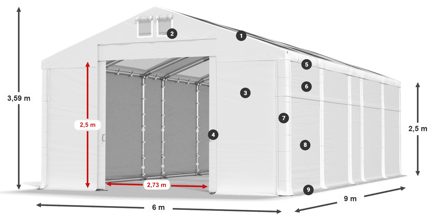Tető: MS T 580 PVC Falak: FR 620 PVC 2,5 m jelmagyarázat