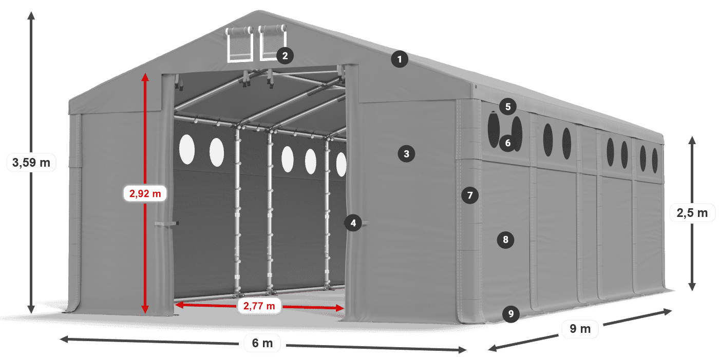 Tető: MS 580 PVC Falak: FR O 620 PVC 2,5 m jelmagyarázat