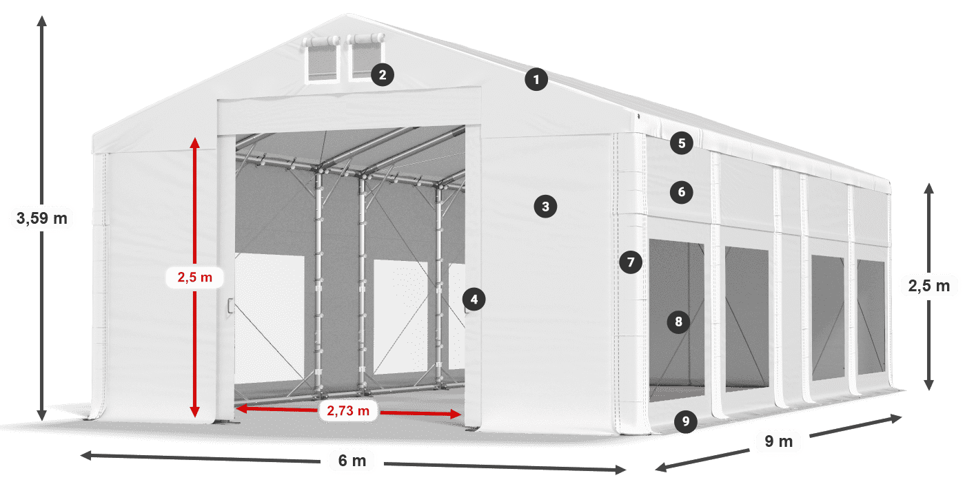 Tető: MS 580 PVC Falak: MS 580 PVC 2,5 m jelmagyarázat
