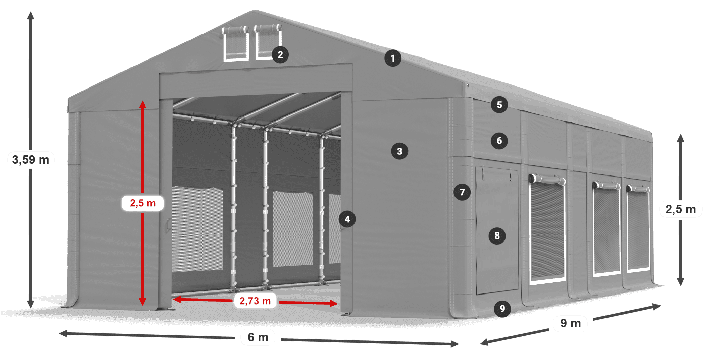 Tető: MS 580 PVC Falak: SD M 500 PVC 2,5 m jelmagyarázat