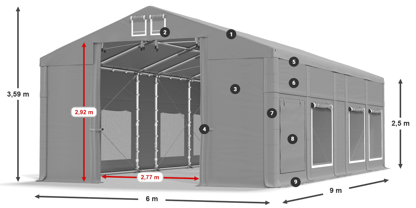 Tető: MS 580 PVC Falak: SD M 500 PVC 2,5 m jelmagyarázat