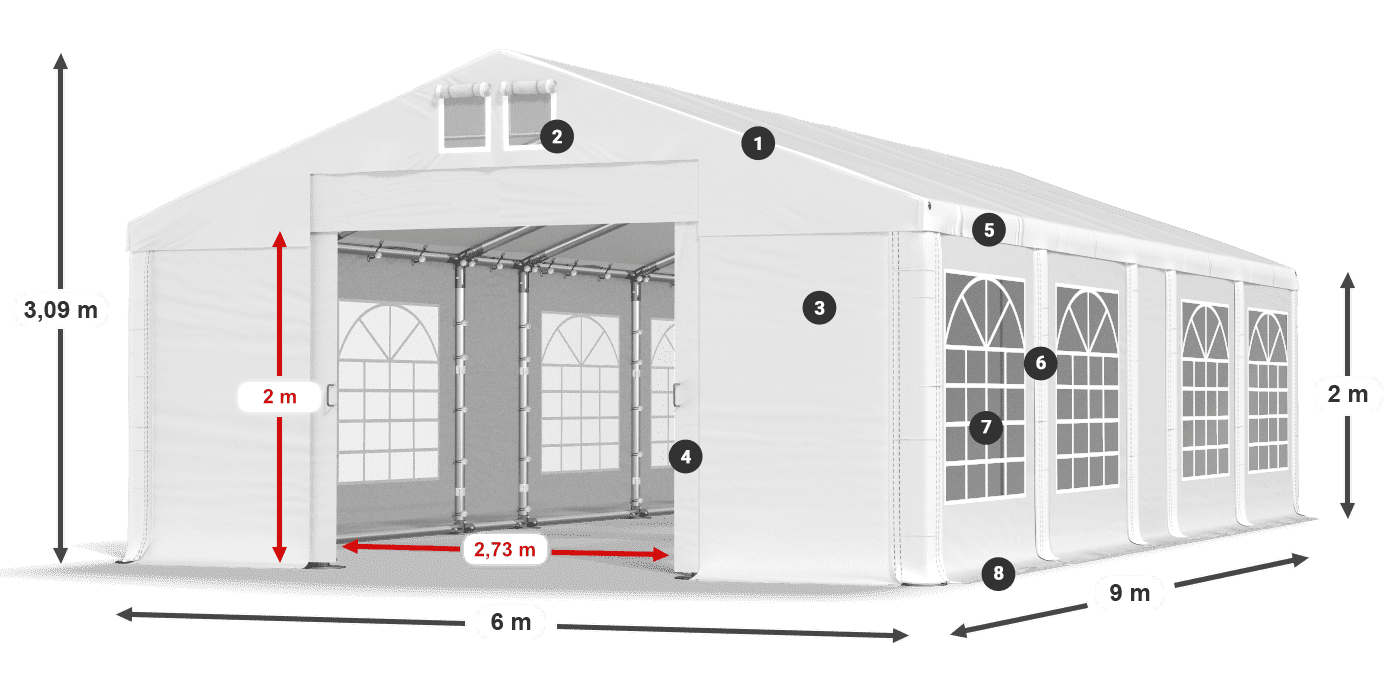 Tető: MS 580 PVC Falak: FR 620 PVC 2 m jelmagyarázat