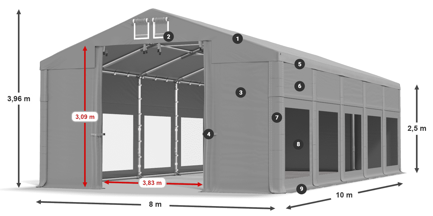 Tető: FR 620 PVC Falak: MS 580 PVC 2,5 m jelmagyarázat