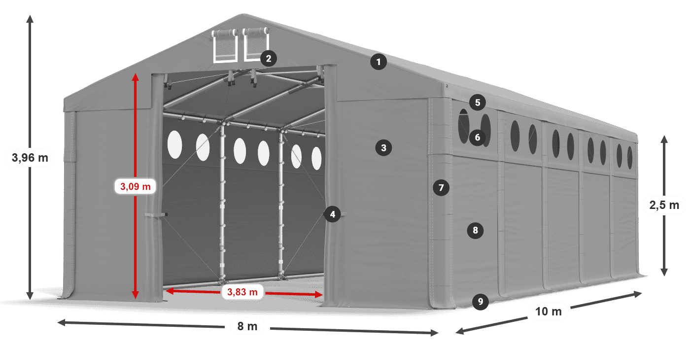 Tető: FR 620 PVC Falak: MS O 580 PVC 2,5 m jelmagyarázat