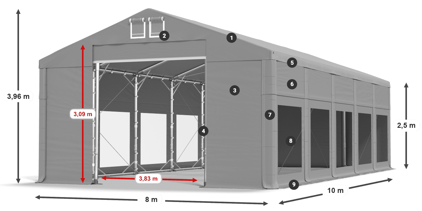 Tető: MS 580 PVC Falak: MS 580 PVC 2,5 m jelmagyarázat