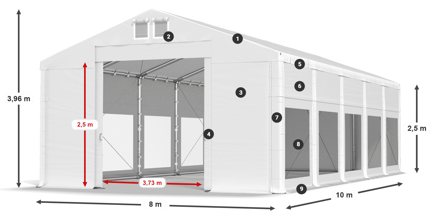 Tető: MS 580 PVC Falak: MS 580 PVC 2,5 m jelmagyarázat