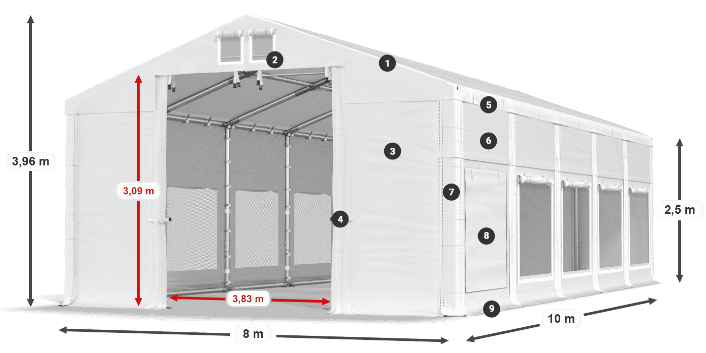 Tető: MS 580 PVC Falak: SD M 500 PVC 2,5 m jelmagyarázat