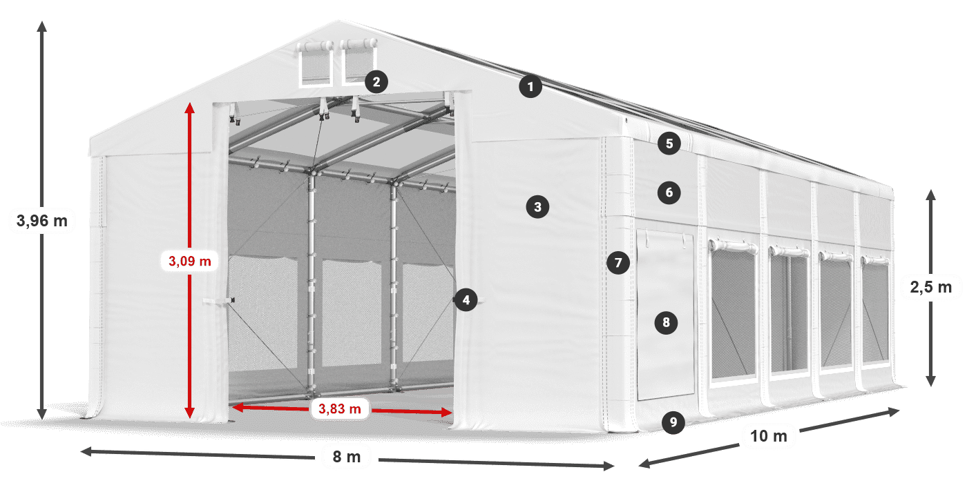 Tető: MS T 580 PVC Falak: SD M 500 PVC 2,5 m jelmagyarázat